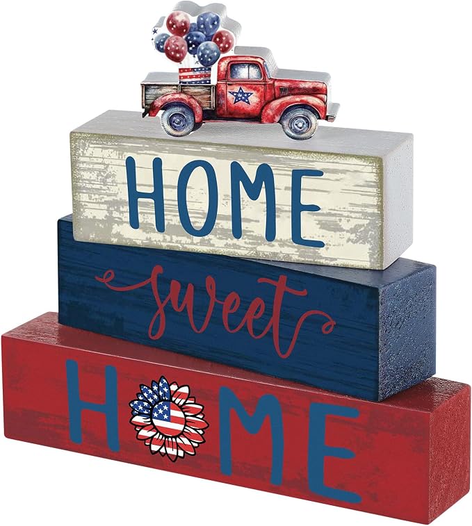 Cinnvoice 4 Pcs Patriotic 4th of July Wooden Block Decor 250th Anniversary Red by Cinnvoice
