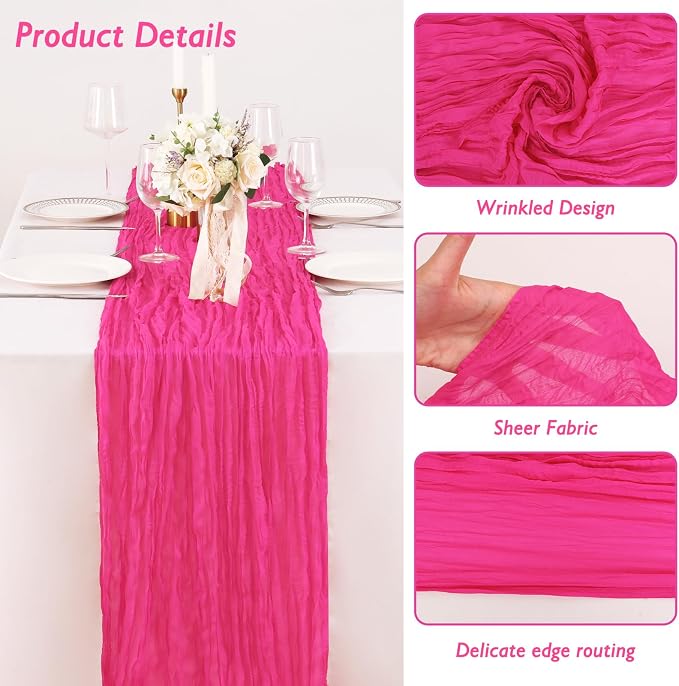 3 Pack Hot Pink Cheesecloth Table Runner 120 Inch Boho Wedding Decor | - Image 3