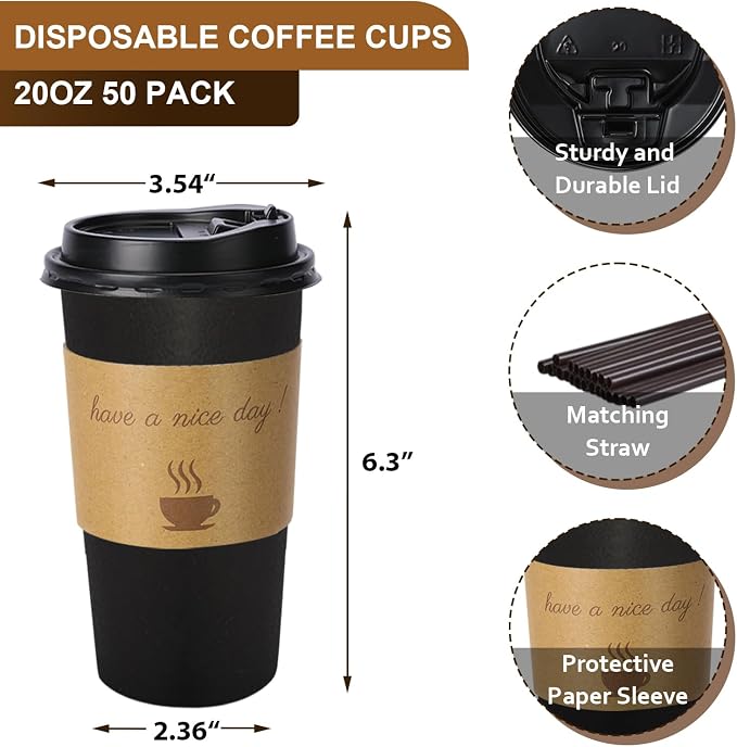 BYSNOW 20 oz 50 pack Disposable Paper Coffee Cups - Image 2