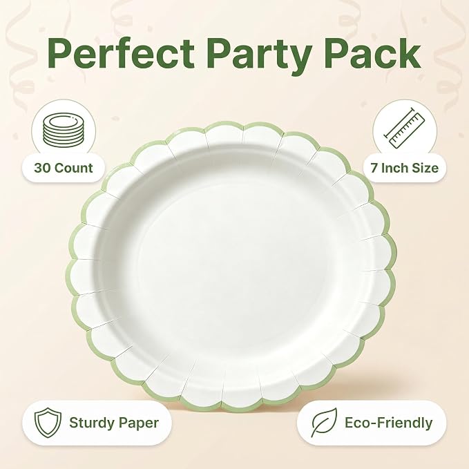 30 Pack Sage Green and White Paper Plates 7 Inch, Disposable Scalloped Plates - Image 2