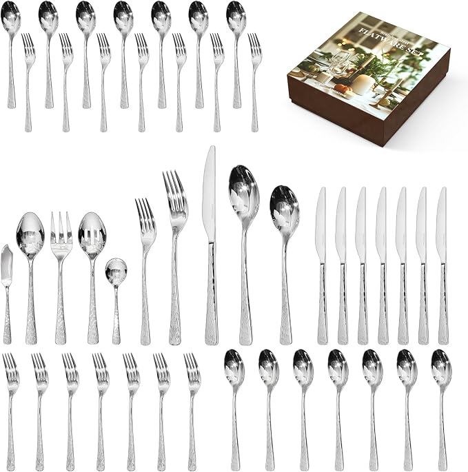 Silverware Set with Serving Utensils, 45 Piece Flatware Set, 18/10 Steel | by KINGSTONE