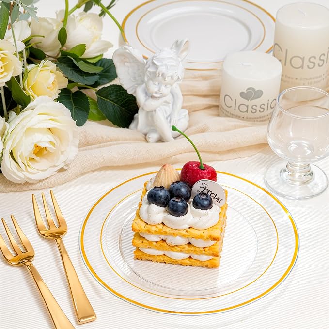 bUCLA 100 Pieces Clear Gold Plastic Plates Disposable - Image 6