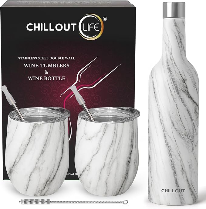 CHILLOUT LIFE 12 oz Stainless Steel Wine Tumblers 2 Pack & 1 Insulated Wine by CHILLOUTLIFE