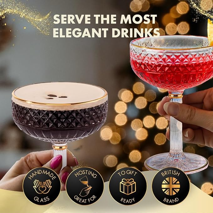 VEMACITY - Embossed Espresso Martini Glasses Set of 2 - Gold Rim Coupe Glasses - Image 6