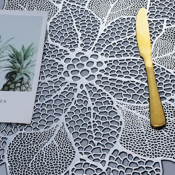 Silver Round Placemats for Dining Table Set of 6 Vinyl Metallic Table Mats | - Image 5