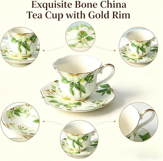 Vintage Porcelain Floral Tea Set — 22oz Teapot + 2 Tea Cup & Saucer Sets + 2 - Image 7