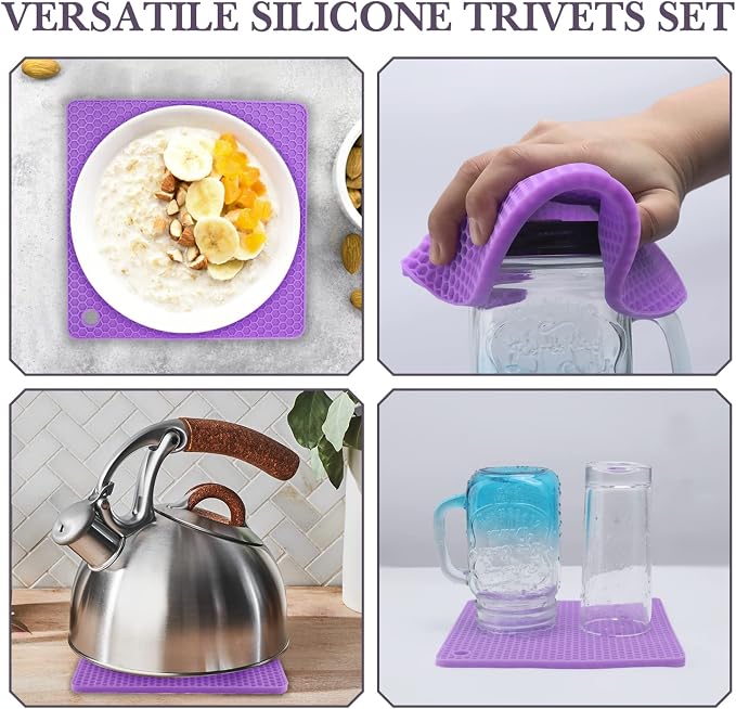 Silicone Silicone Trivet for Hot Dishes, 4 Pack Purple Heat Resistant Silicone - Image 4