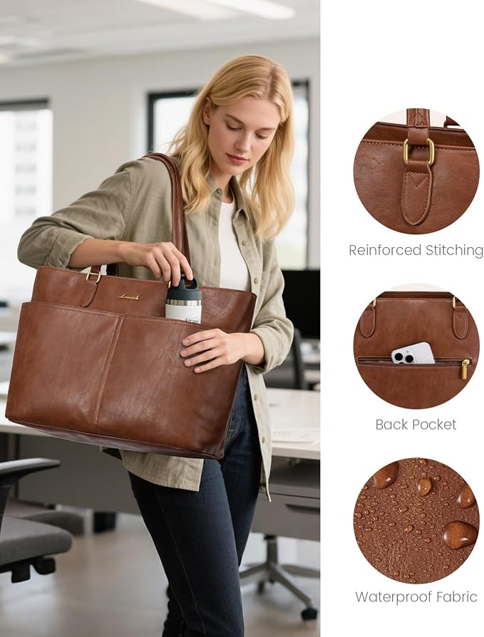 LOVEVOOK Work Tote Bags for Women, Vintage Leather 15.6 Inch Laptop Bag - Image 6