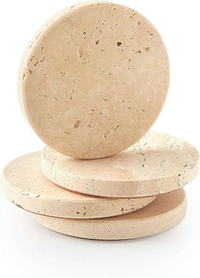 Natural Marble Coaster Set of 4.Round Drinks Coasters, Non-Ceramic/Non-Resin | by STAVORAE