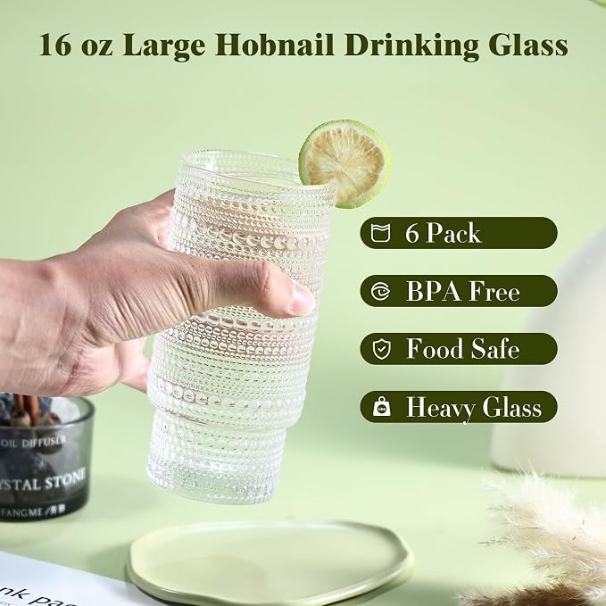 Large Capacity 16 oz Hobnail Drinking Glasses Set of 6, Vintage Glassware - Image 2