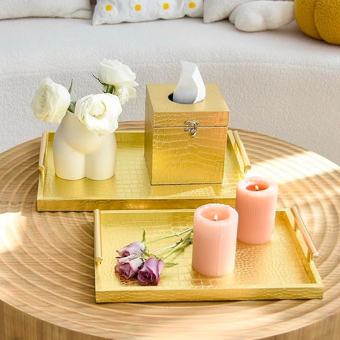 Set of 2 Modern Elegant Large Wood Serving Tray, Rectangle Decorative Tray - Image 3