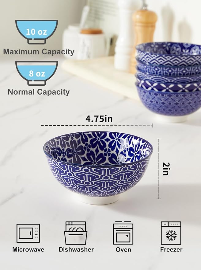 Metahom Blue and White Bowls, Ceramic Dessert Bowls 10 Oz, Porcelain Bowl Set - Image 2