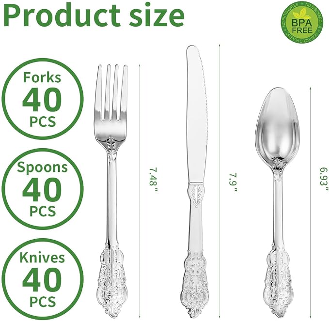 120PCS Silver Plastic Silverware, Vintage Disposable Utensils & Cutlery | 40 - Image 2