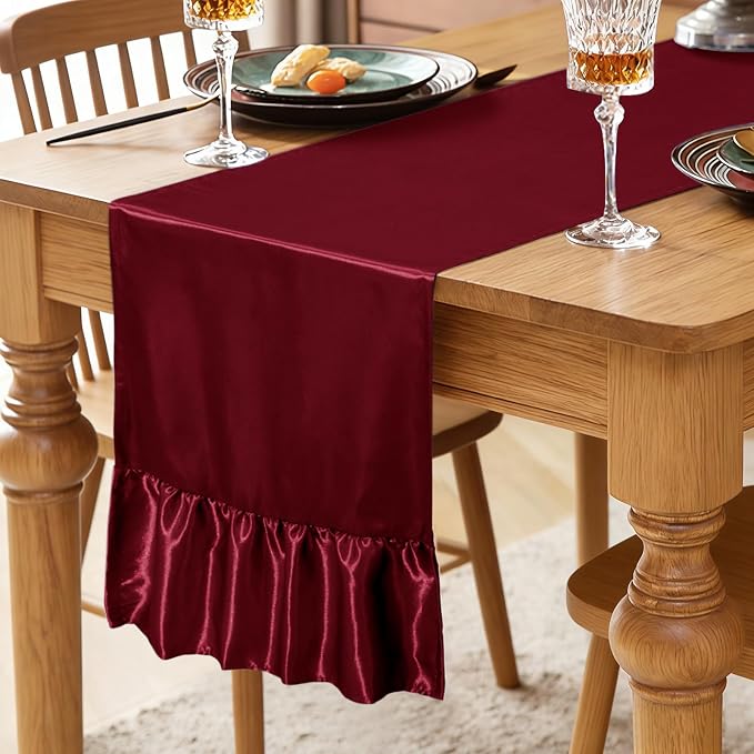2 Pack Burgundy Satin Table Runner 12 x 72 Inch | Ruffle Design, Luxurious - Image 2