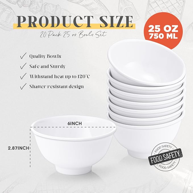 Tioncy 20 Pack Melamine Bowl Set 25 oz White Soup Bowls Set Basic All Purpose - Image 2