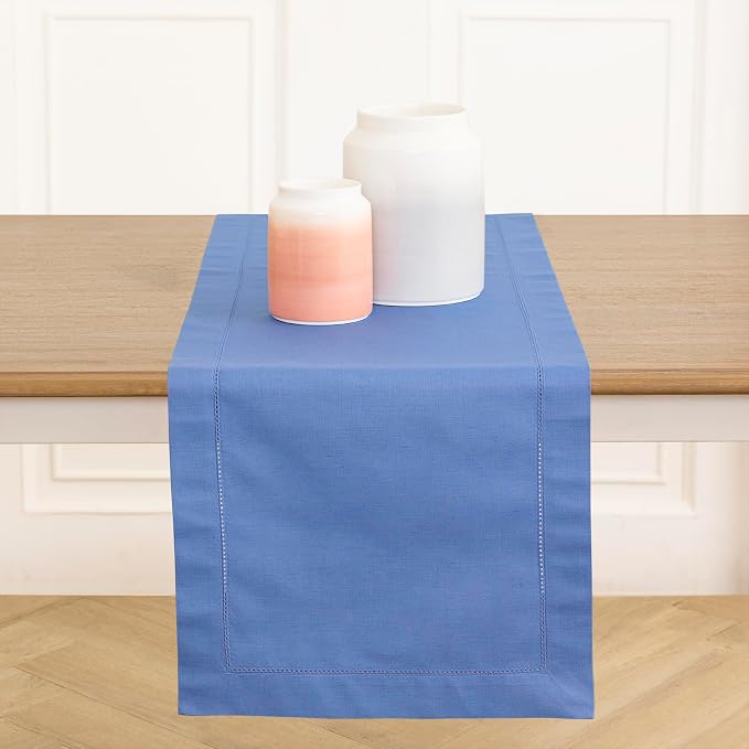 Solino Home Cotton Linen Table Runner Blue, Hemstitch Collection 14 x 72 in | by SolinoHome