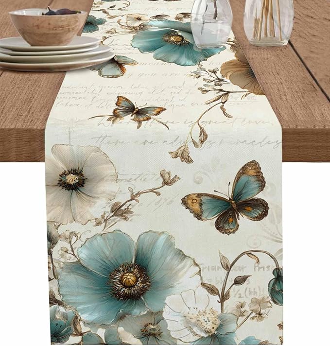 Turquoise Tulip Table Runners 120 Inches Long, Spring Vintage Botanical Table by Unknown