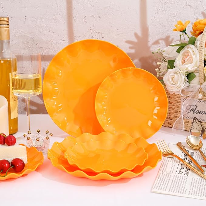 LIYH 50 Pcs Orange Scalloped Plastic Plates, Unbreakable Dishwasher Safe | BPA - Image 4