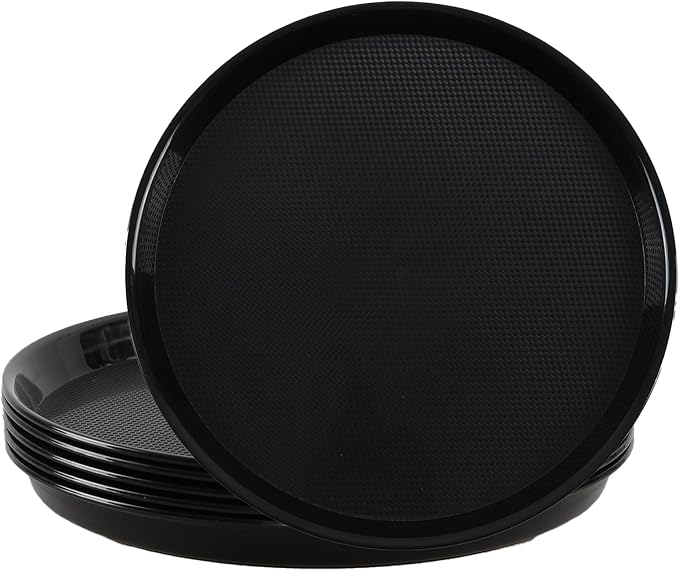 6-Pack Plastic Serving Trays, 13.5 in Round Non-Slip Trays | Black Restaurant by Yesdate