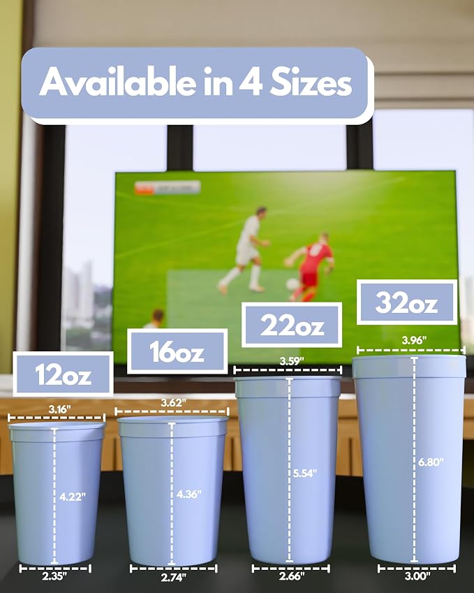 PartyPrints 100 Pack 16 oz Placid Blue Reusable Blank Plastic Cups, Stadium - Image 4