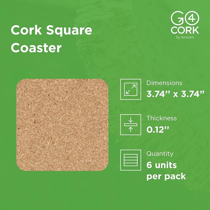 Go4Cork Cork Square Coaster Set of 6-95x95x3mm | Heat Resistant, Reusable & - Image 2