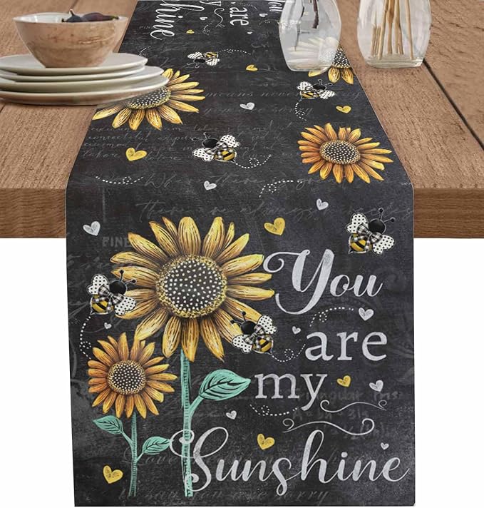 Farmhouse Sunflowers Short Table Runners 48 Inches, Cotton Linen Fabric Table by Edwiinsa
