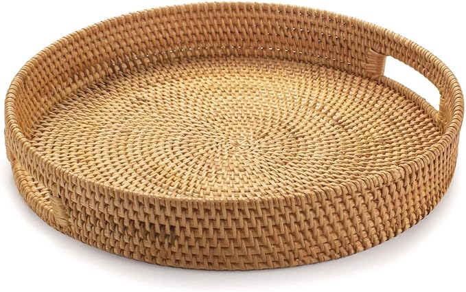 Rattan Round Serving Tray, Decorative Coffee Table Tray, Ottoman Hand Woven by YANGQIHOME