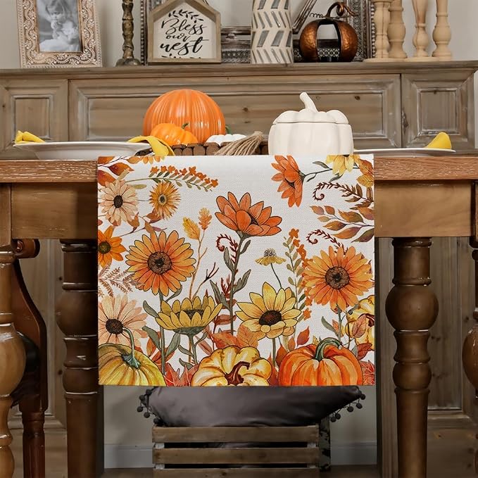 Fall Pumpkins and Sunflowers Table Runner 13x90 Inch, Maple Leaves Farmhouse - Image 3