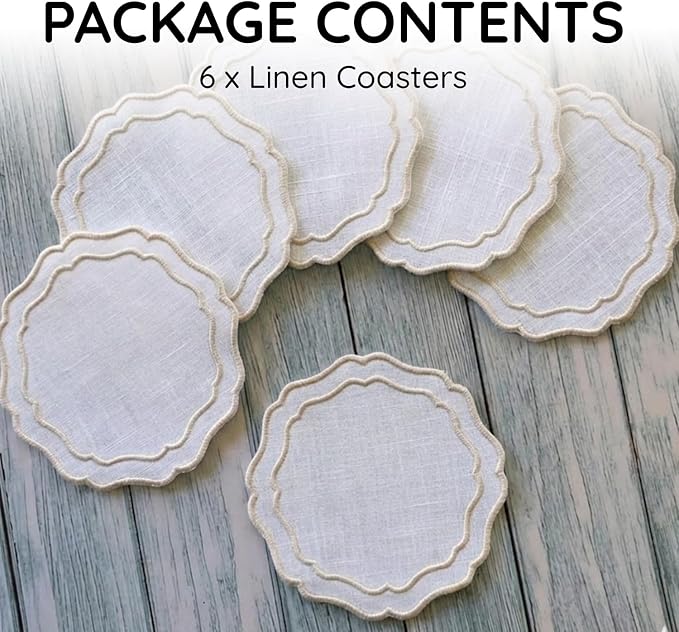 Linen Drink Coasters, 4.5 inch, Scalloped Edge, Reusable Handmade Coffee - Image 2