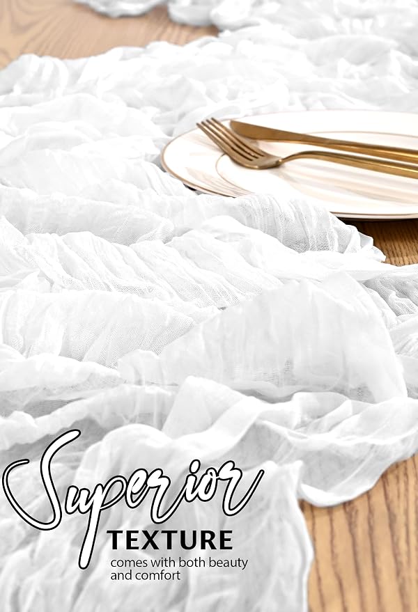 Showgeous 2 Pack White Cheesecloth Table Runners Boho Wedding Decor | Rustic - Image 4