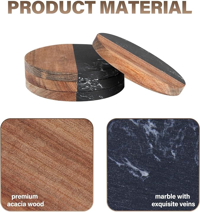 Coasters Set of 4 for Drinks, Marble-Wood Spliced Coaster for Tabletop - Image 4