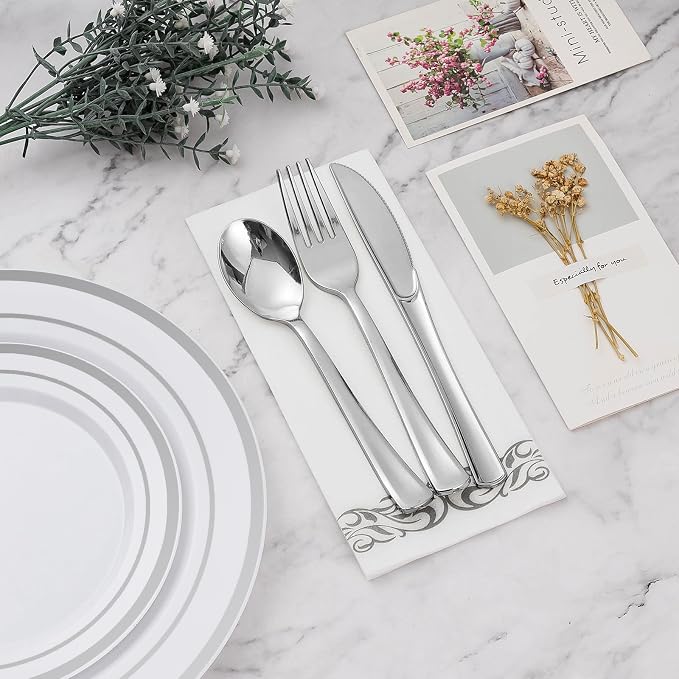 BESTVIP 700 PCS Disposable Silver Plates and Silverware Set - Image 6