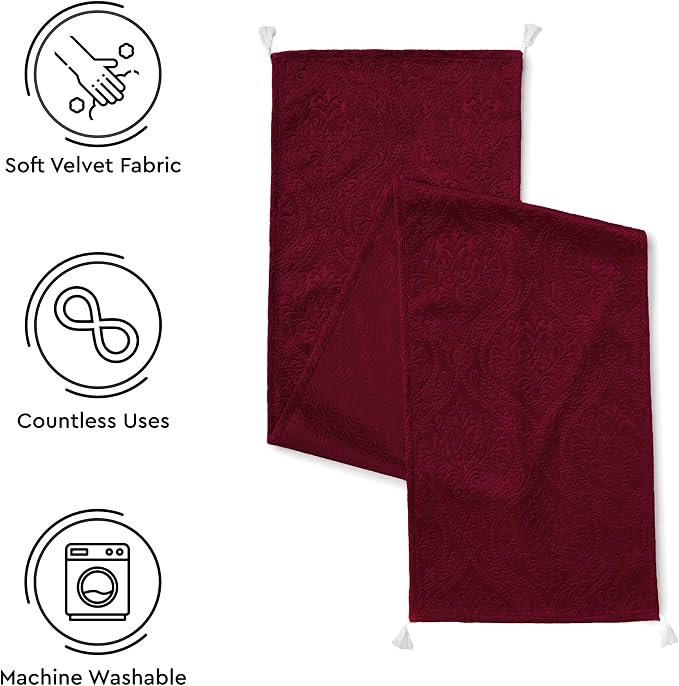 Encasa XO Table Runner, Embossed Velvet, Elegant 13"x72" | Maroon, 175 GSM - Image 4