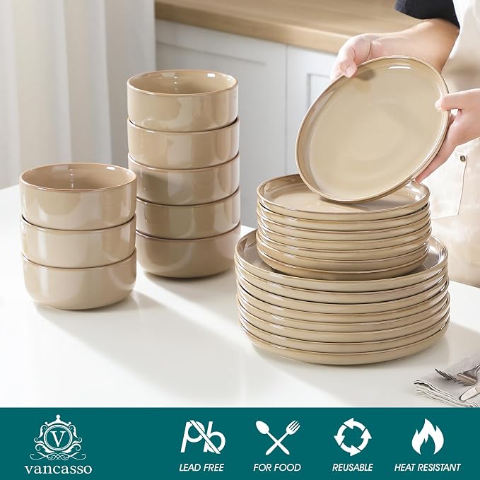 vancasso PLAYA Ceramic Plates and Bowls Sets, 24 Pieces Brown Dinnerware Sets - Image 3