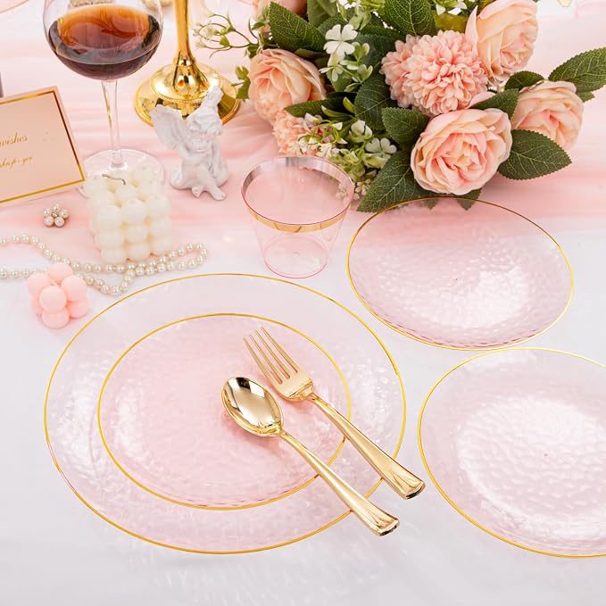 Rubtlamp 175 Pcs Pink Plastic Plates Dinnerware Set, Hammered Party Platos Set - Image 4