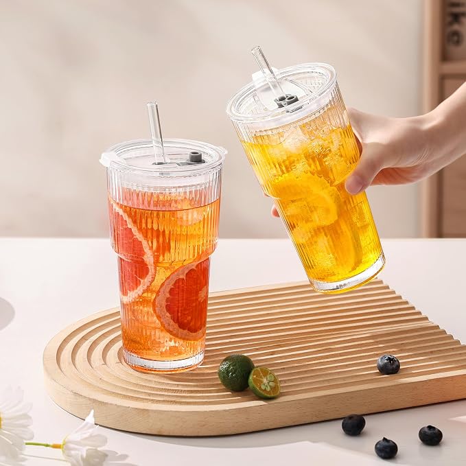 20oz Iced Coffee Cups with Lids, Ribbed Glass Cups with Lids and Straws | Thick - Image 8