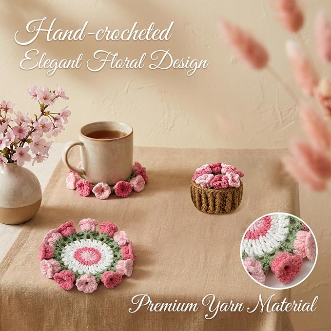 Handmade Crochet Flower Coaster Set, Soft Absorbent Non-Slip Drink Coasters - Image 4