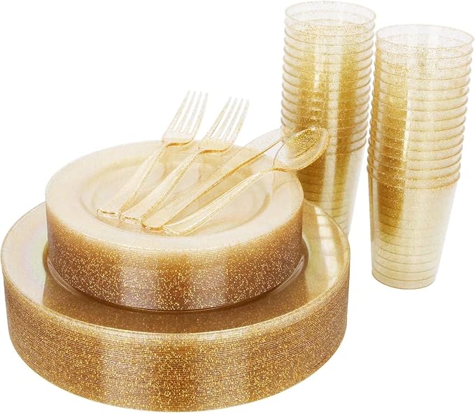 WELLIFE 175 Pieces Gold Glitter Plastic Plates by WELLIFE