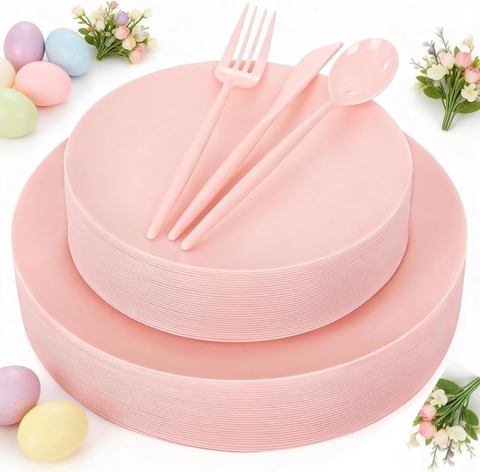 EI 150pcs Pink Plastic Plates Pink Disposable Heavy Duty Plastic Plates by Ejonirinjonir