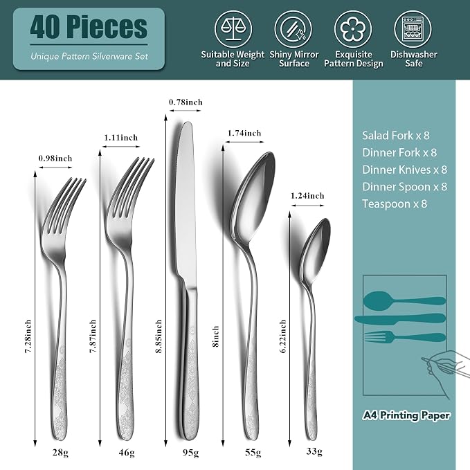 40 Piece Flatware Set, Service for 8, EIUBUIE Premium Stainless Steel Cutlery - Image 2