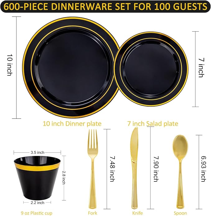WELLIFE 600 PCS Black Gold Disposable Dinnerware Set - Image 6