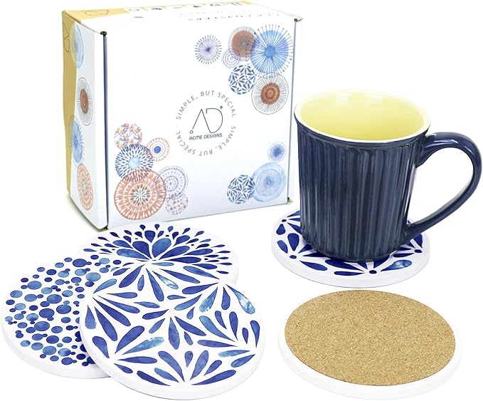 AD Set of 6 Coasters for Drinks Absorbing Round Ceramic Stone Coaster - Image 7
