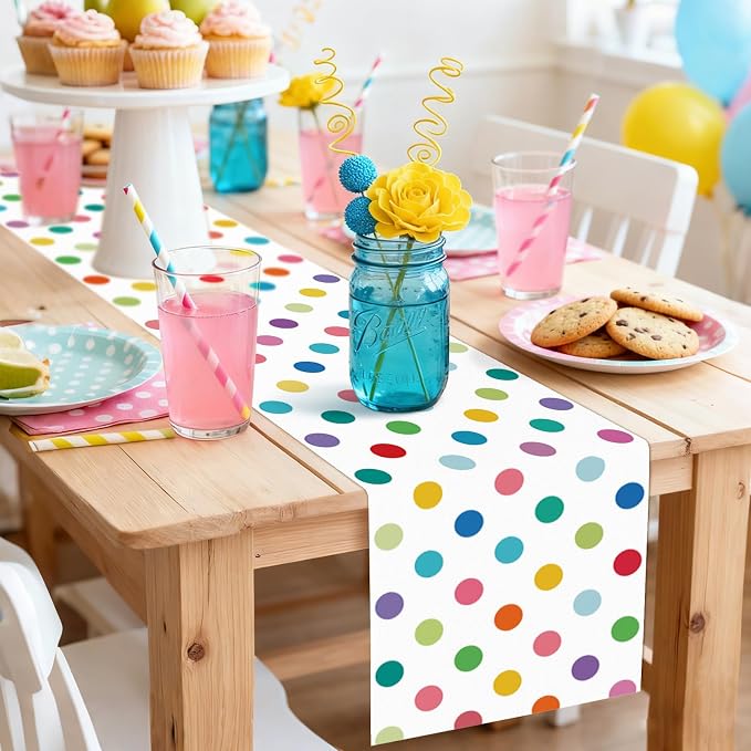 Colorful Polka Dot Table Runner, 13x72 Inch Rainbow Dot Dining Table Decor | - Image 4