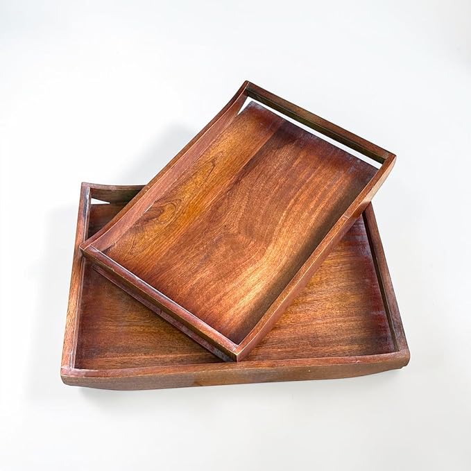Wooden Serving Tray Set of 2 | Big Size 16x12 & 14x10 Inches | Premium Finish by Unknown