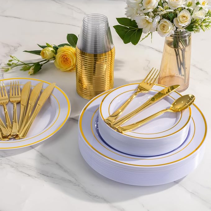 WELLIFE 450 PCS Gold Plastic Plates Set, Dinner & Salad Plates Cups Forks - Image 7