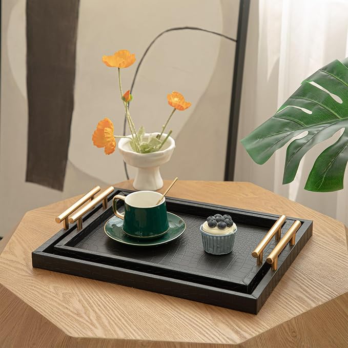 Set of 2 Modern Elegant Large Wood Serving Tray, Rectangle Decorative Tray - Image 2