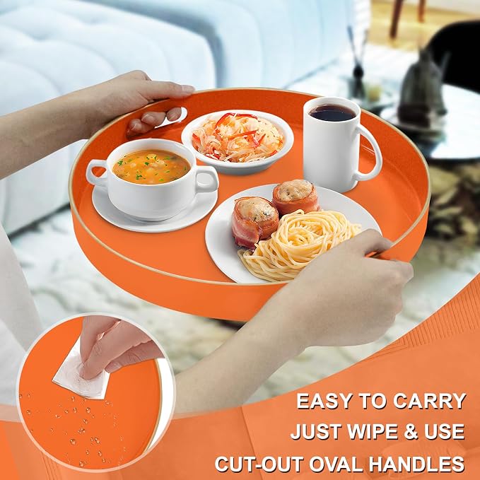 13" Orange Decorative Tray, Plastic Round Serving Tray - Image 4