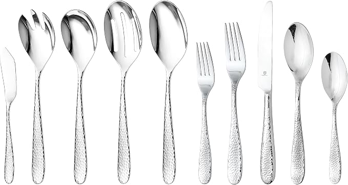 Hammered Silverware Set with Serving Utensils, 18/10 Stainless Steel Flatware by DANIALLI