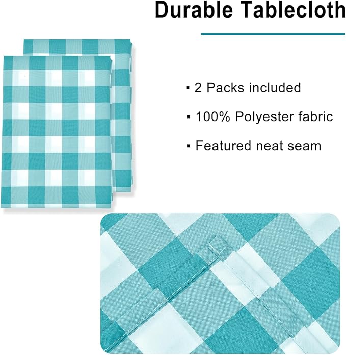 Plaid Tablecloth 2 Pack, 60 x 84 inch, Turquoise and White | Waterproof - Image 3