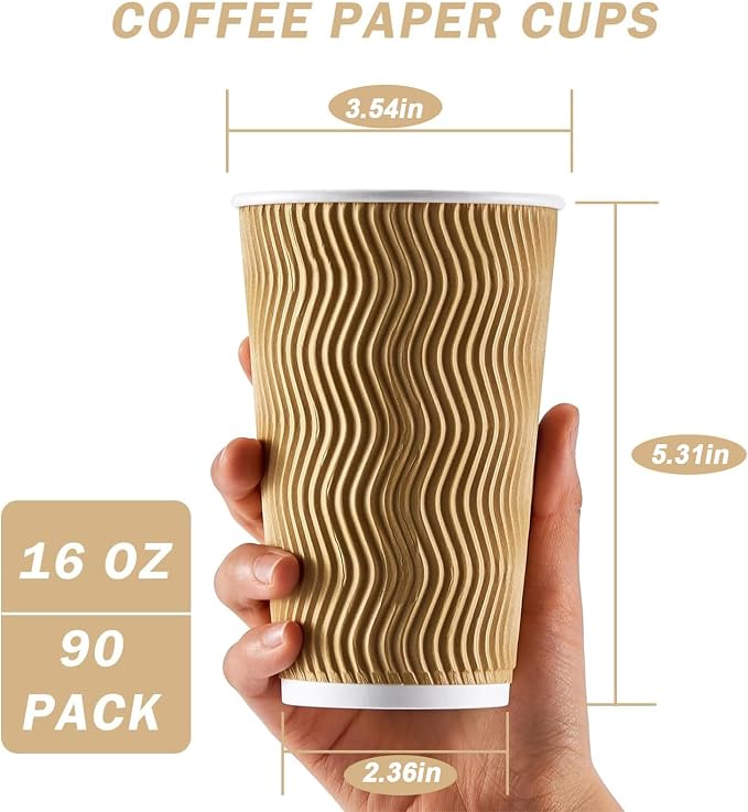 Clawsoff 90 Pack 16 oz Disposable Paper Coffee Cups Insulated Champagne | - Image 2